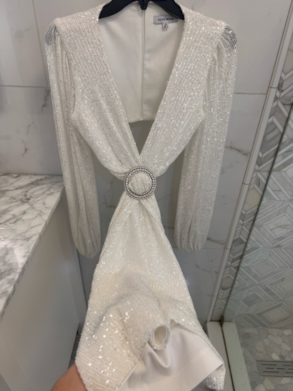 NADINE MERABI Ivory Sequin Plunge Gown with Rhinestone Ring